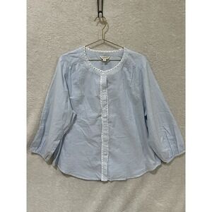 Lucky Brand Popover Peasant Top XL Blue White Stripe Beachy Boho Lace Trim Shirt